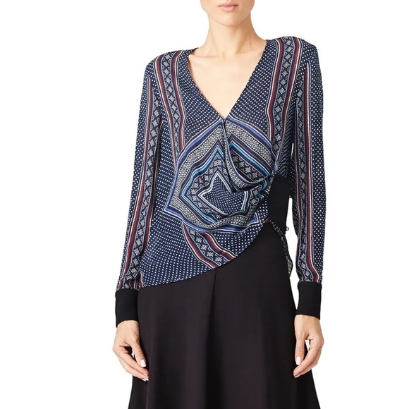 10 Crosby Derek Lam Tops - Derek Lam 10 Crosby Long Sleeve V-Neck Swirl Print Womens Blue Top Size 4 Silk